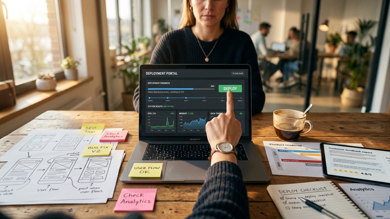 Product manager launching a new software product while monitoring deployment progress, customer feedback, analytics, and product roadmap in a modern startup workspace.