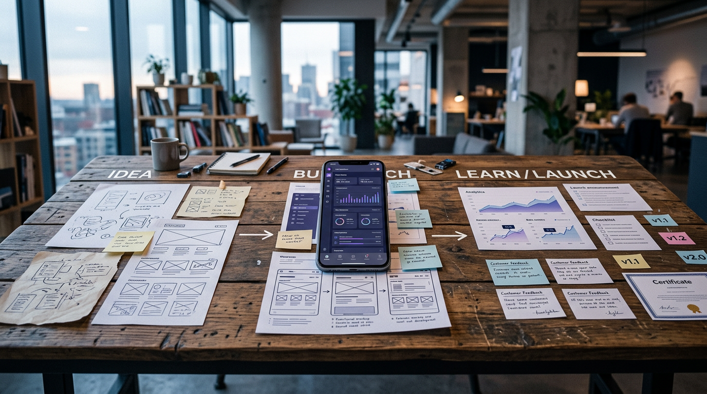Startup workspace showing a SaaS product development journey from idea sketches and wireframes to a mobile prototype, analytics, customer feedback, and multiple product iterations.