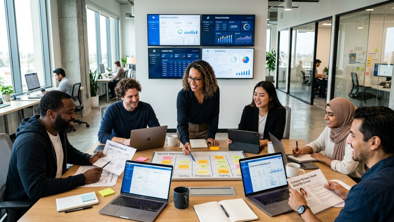Cross-functional product team planning software launches across healthcare, fintech, e-commerce, logistics, and SaaS using agile workflows and analytics dashboards.