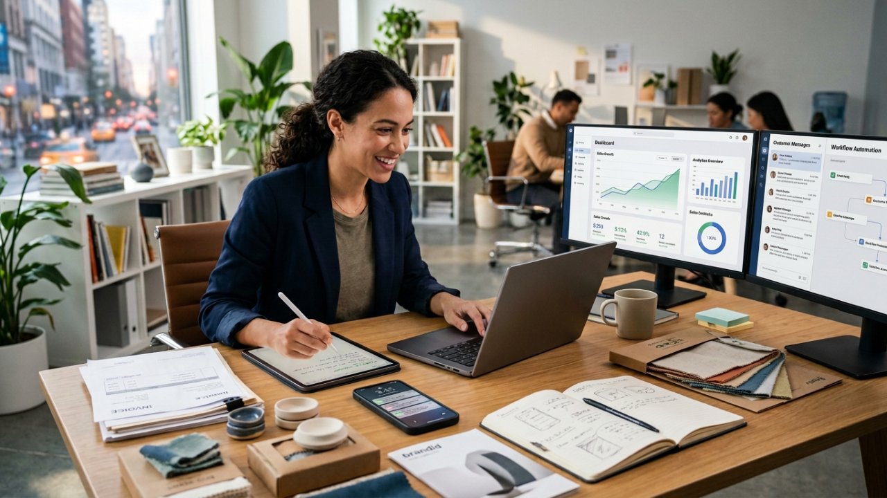 Small business owner using AI-powered software to manage marketing, customer support, analytics, workflow automation, and invoicing from a modern office.